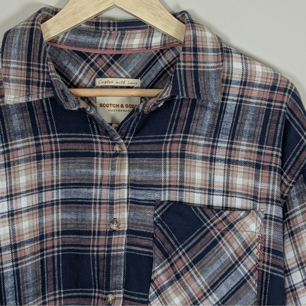 Scotch & Soda Women's Plaid Flannel Button Down Shirt Blue Pink Tan Small NWT